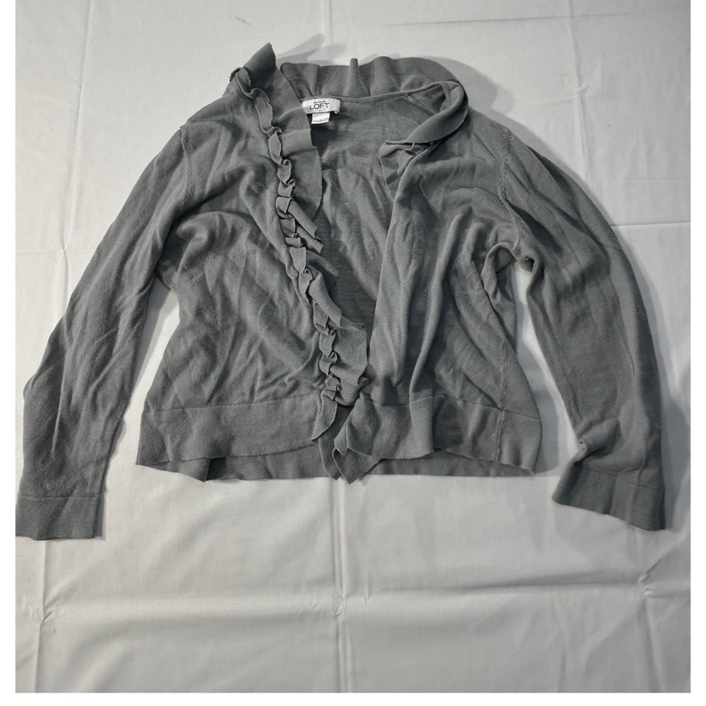 Ann Taylor LOFT Grey Ruffle Trim Open Front Cardigan Sweater Large